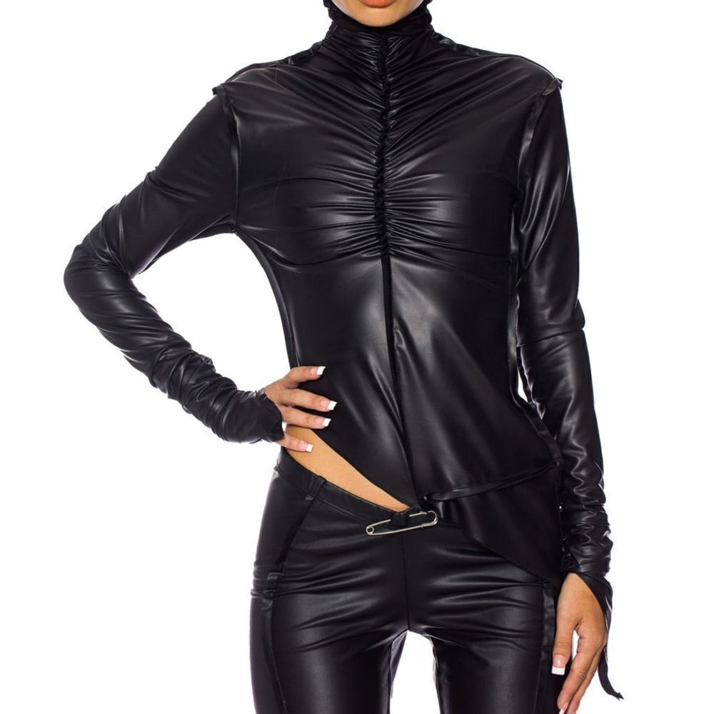 Sami Miro Vintage Shirred Vinyl Turtleneck Black Eco-Conscious Top in Carbon
